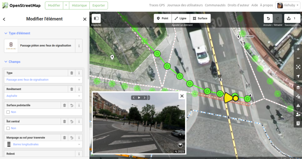 capture d'écran d'iD avec Mapillary et la BD Ortho