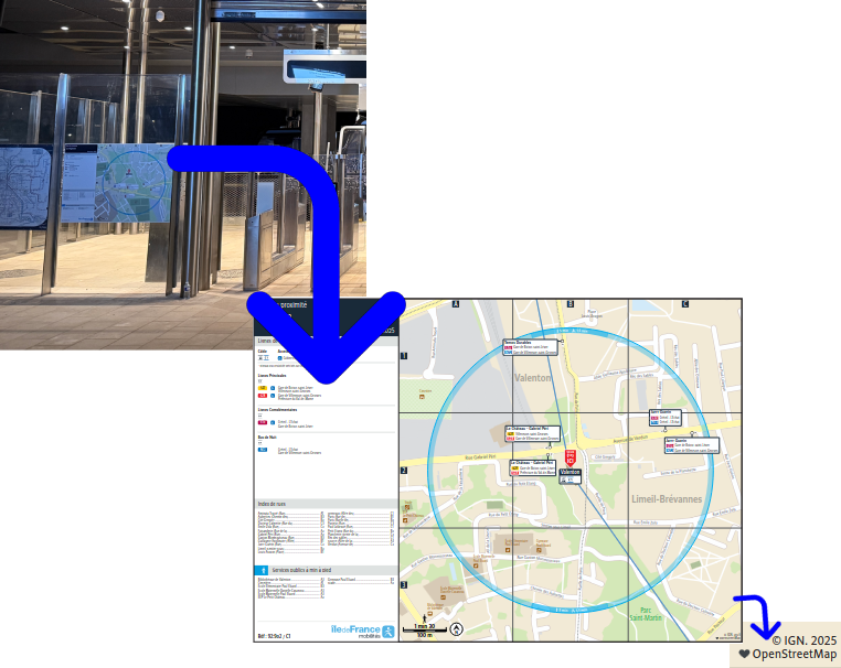 Photo d'un plan de proximité en station, puis zoom sur la photo du plan, puis zoom sur le crédit.
Image adaptée de https://commons.wikimedia.org/wiki/File:Acc%C3%A8s_Station_V%C3%A9g%C3%A9tale_C%C3%A2ble_IdF_Ligne_1_Voie_V%C3%A9g%C3%A9tale_-_Limeil-Br%C3%A9vannes_(FR94)_-_2025-12-17_-_8.jpg